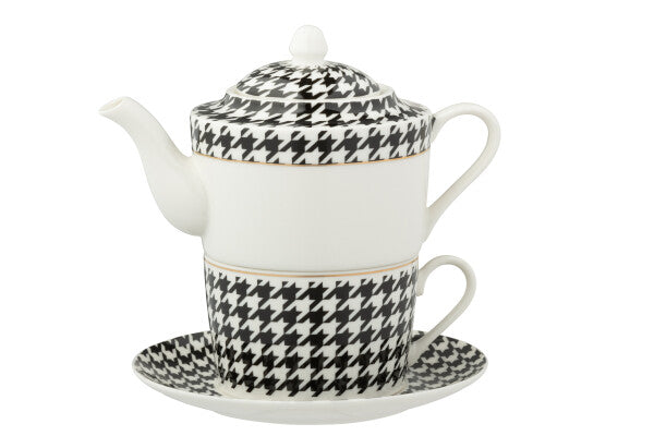Théière Individuelle Pied-de-Poule en Porcelaine Blanc & Noir – 320 ml