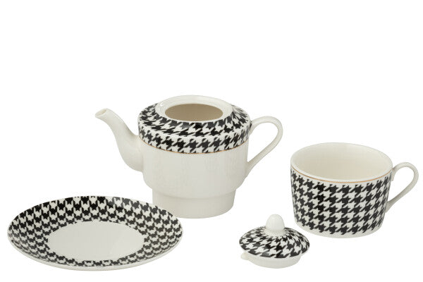 Théière Individuelle Pied-de-Poule en Porcelaine Blanc & Noir – 320 ml