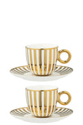 Coffret de 2 Tasses & Sous-tasses Rayées en Porcelaine Dorée & Blanche – 230 ml