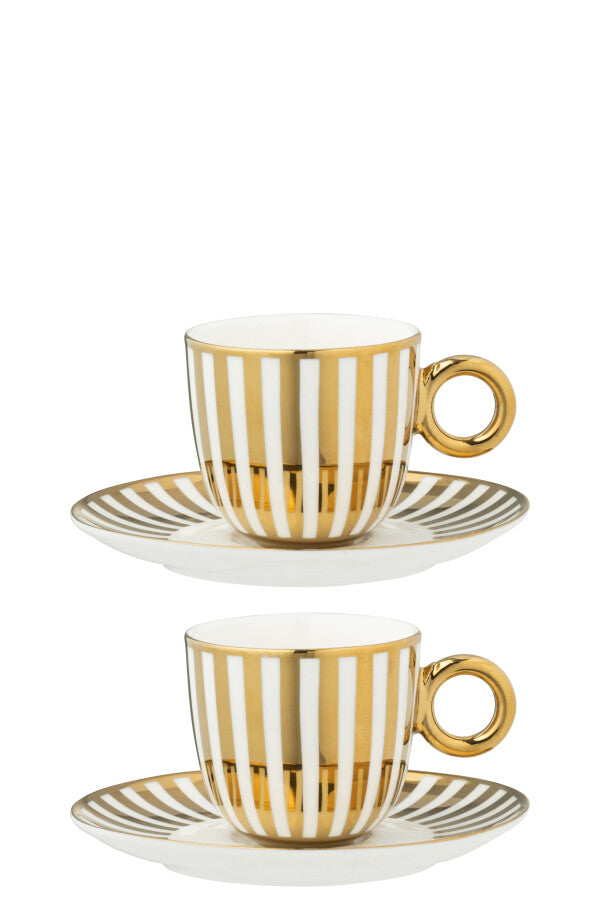 Coffret de 2 Tasses & Sous-tasses Rayées en Porcelaine Dorée & Blanche – 230 ml