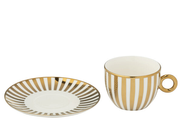 Coffret de 2 Tasses & Sous-tasses Rayées en Porcelaine Dorée & Blanche – 230 ml
