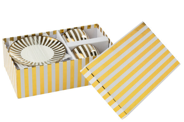 Coffret de 2 Tasses & Sous-tasses Rayées en Porcelaine Dorée & Blanche – 230 ml