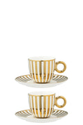 Coffret de 2 Tasses Espresso & Sous-tasses Rayées en Porcelaine Dorée & Blanche – 85 ml