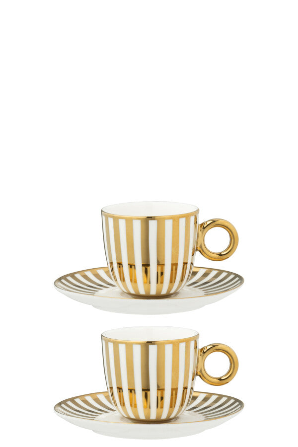 Coffret de 2 Tasses Espresso & Sous-tasses Rayées en Porcelaine Dorée & Blanche – 85 ml