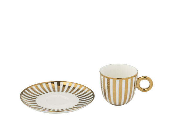 Coffret de 2 Tasses Espresso & Sous-tasses Rayées en Porcelaine Dorée & Blanche – 85 ml