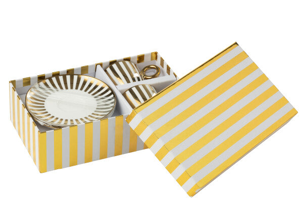 Coffret de 2 Tasses Espresso & Sous-tasses Rayées en Porcelaine Dorée & Blanche – 85 ml