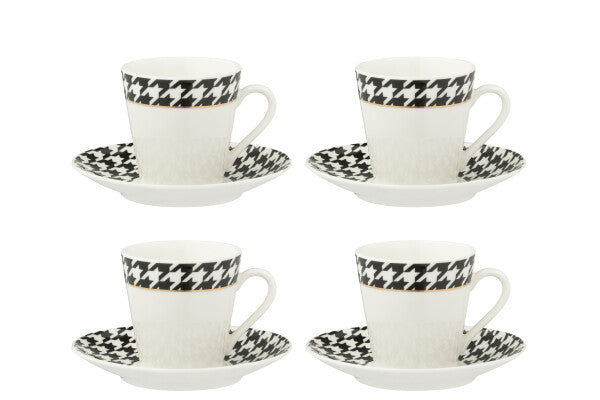Coffret de 4 Tasses Espresso & Sous-tasses Pied-de-Poule en Porcelaine – 85 ml