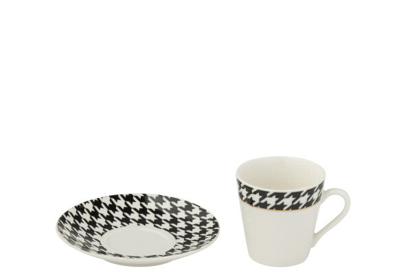 Coffret de 4 Tasses Espresso & Sous-tasses Pied-de-Poule en Porcelaine – 85 ml