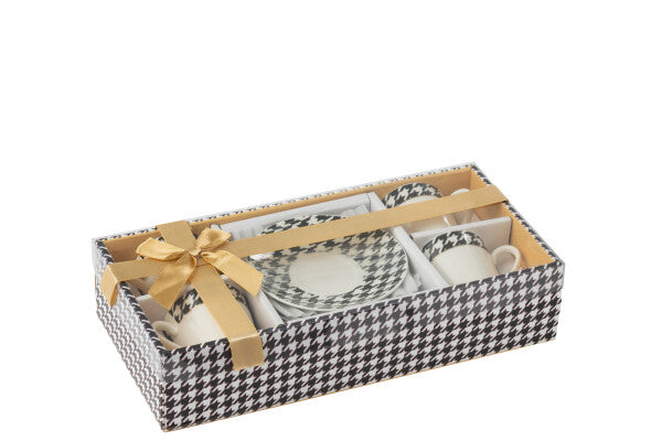 Coffret de 4 Tasses Espresso & Sous-tasses Pied-de-Poule en Porcelaine – 85 ml