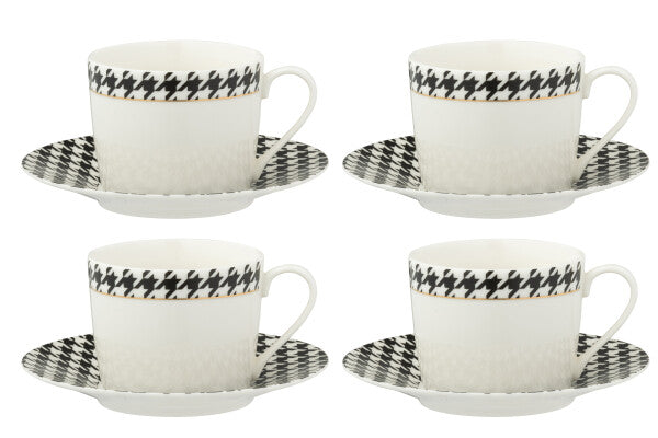 Coffret de 4 Tasses & Sous-tasses Pied-de-Poule en Porcelaine Blanc & Noir – 220 ml
