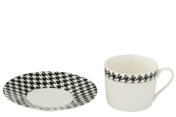 Coffret de 4 Tasses & Sous-tasses Pied-de-Poule en Porcelaine Blanc & Noir – 220 ml