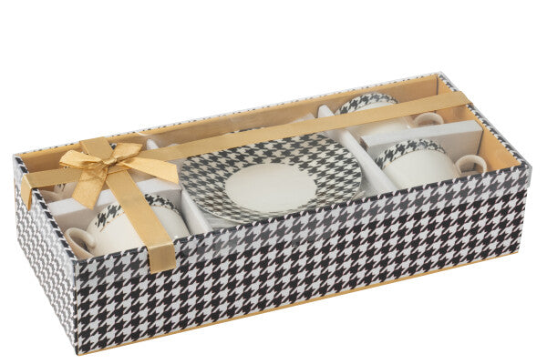 Coffret de 4 Tasses & Sous-tasses Pied-de-Poule en Porcelaine Blanc & Noir – 220 ml